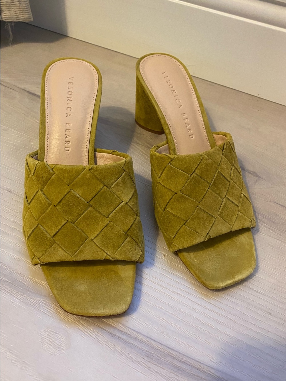 Brand New! Veronica Beard Kiele Olive Woven Suede Slide Heel Sandals Mules - 5.5